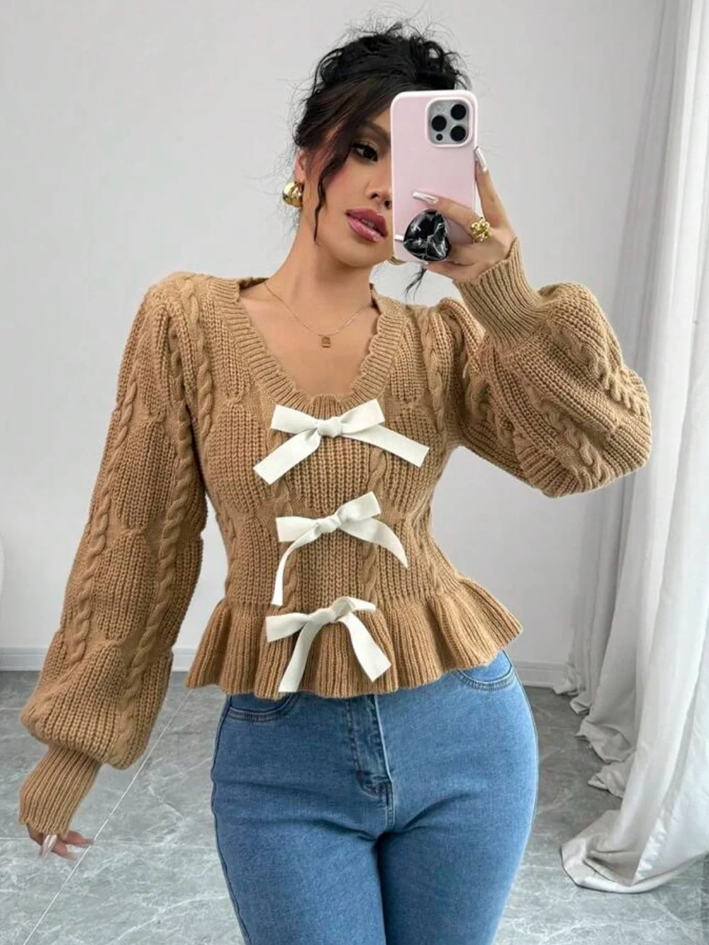 Chunky Cable Knit Peplum Knit Sweater with Bow Details - Camel